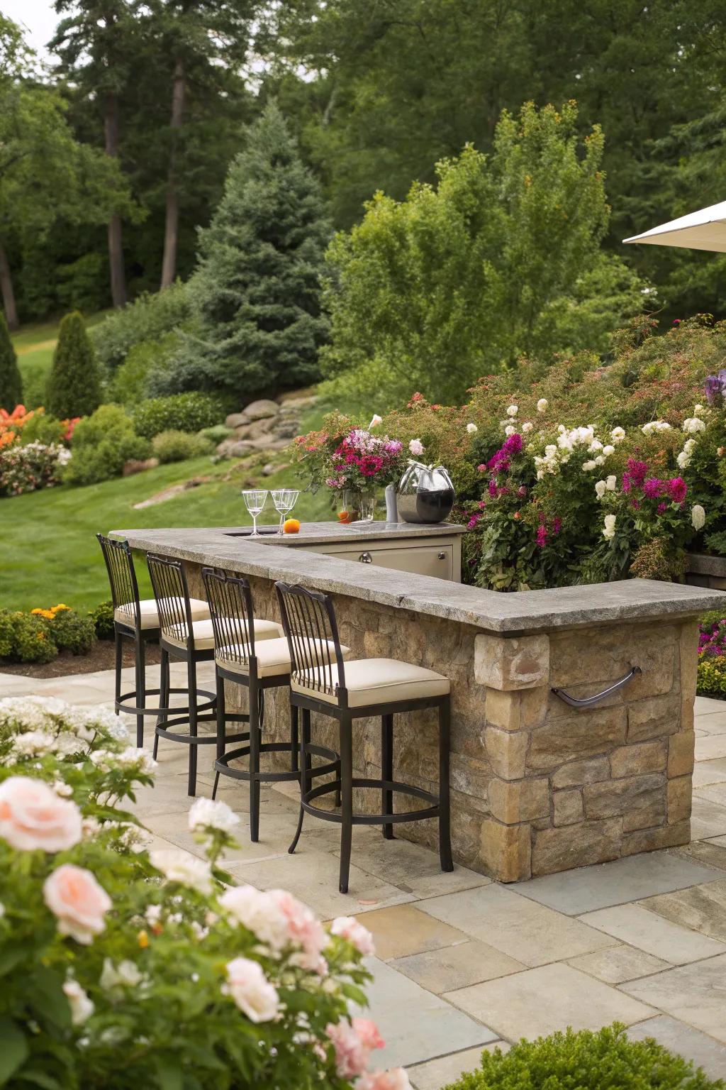 A serene stone bar nestled in the heart of a lively garden.