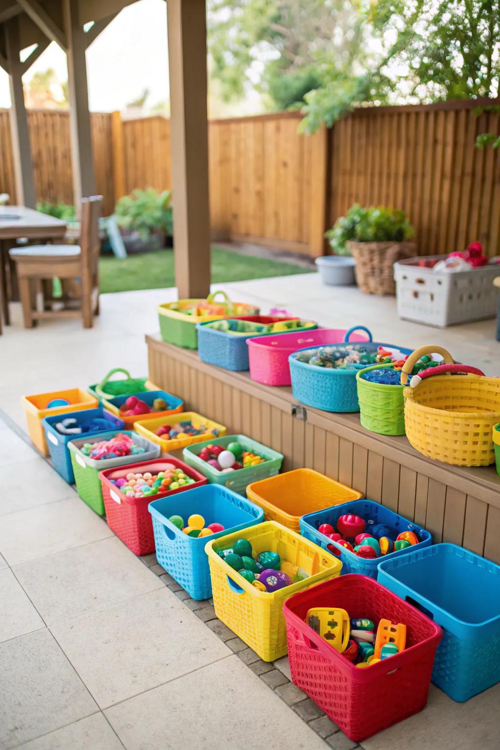 Organize toys with brightly colored bins and baskets for a cheerful effect.