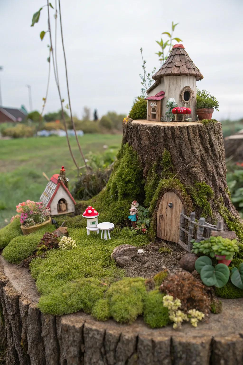 A fairy garden reimagines a tree stump into an enchanting miniature landscape.