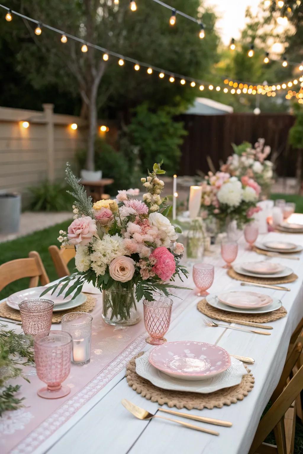 An elegantly arranged tablescape flawless for an outdoor baby shower.