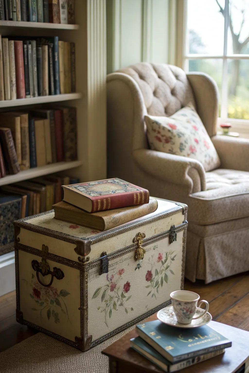 A vintage chest comes alive with refinement in flower patterns.