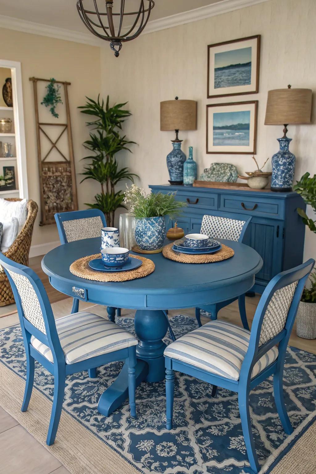 A table painted in a vibrant blue transforms your dining area with a playful burst of color.