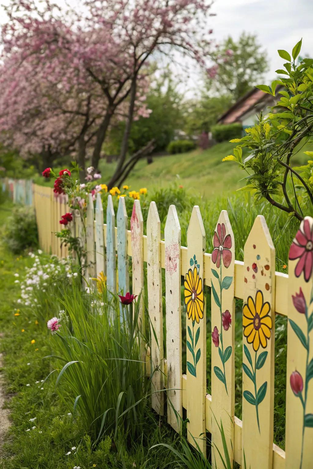 A picket fence embellished with meticulously hand-painted botanical illustrations.