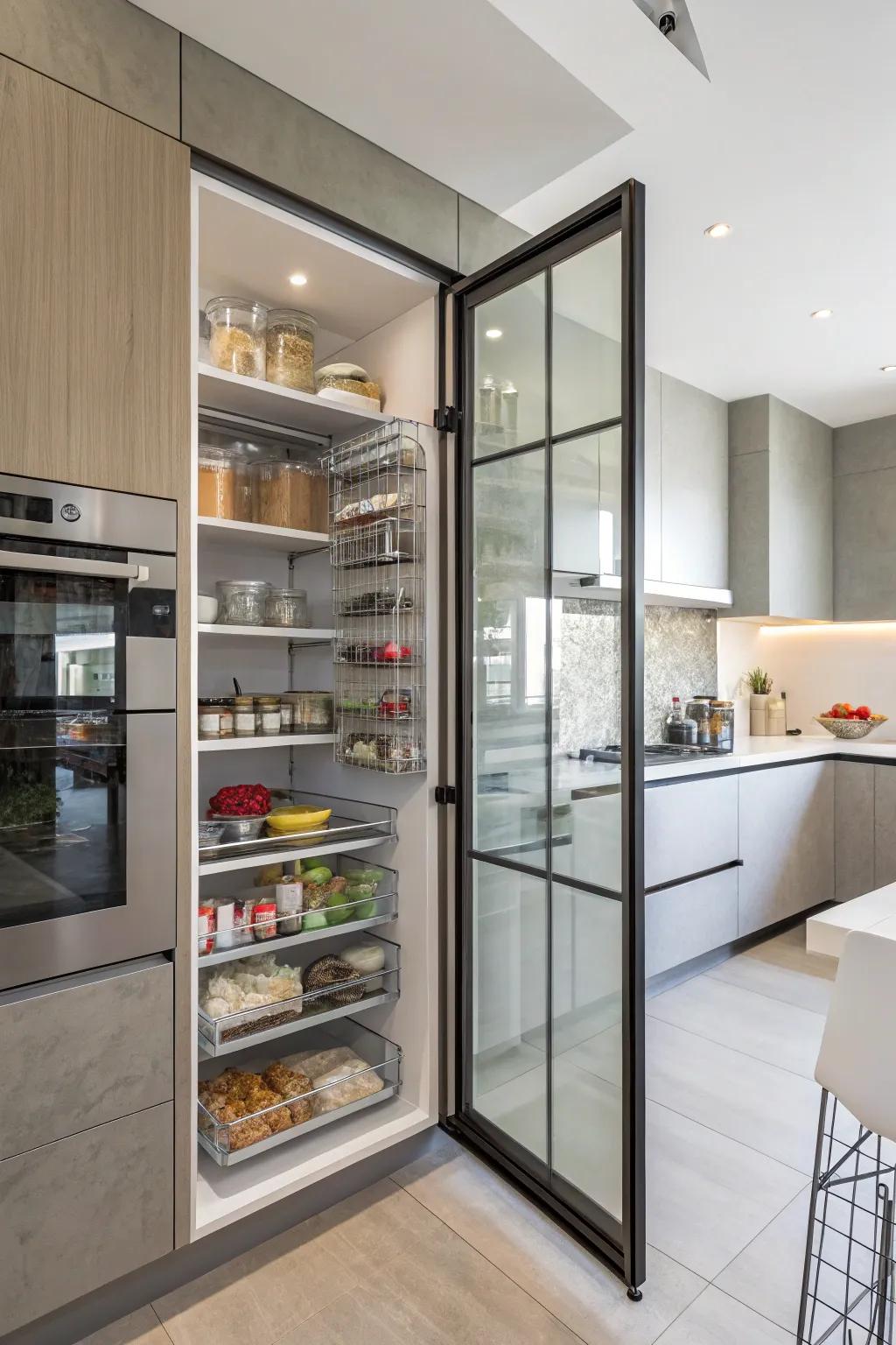 Glass doors impart a hint of contemporary refinement to your pantry.