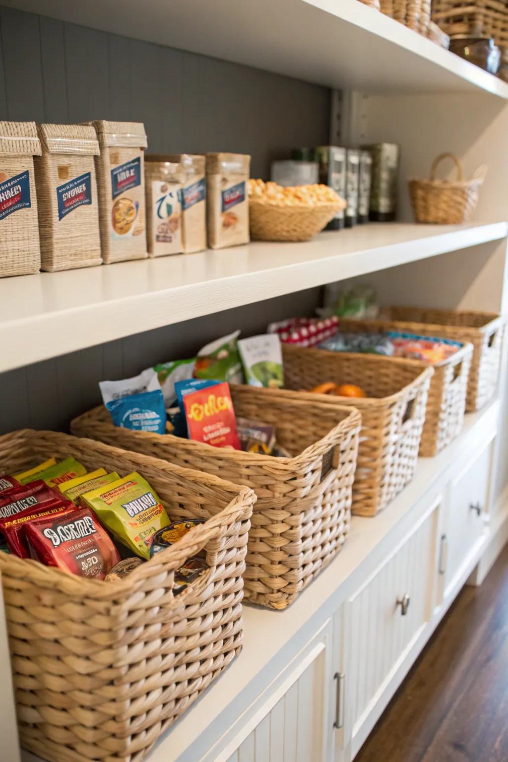 Braided baskets offer both aesthetic appeal and practical storage solutions for bulk snacks.