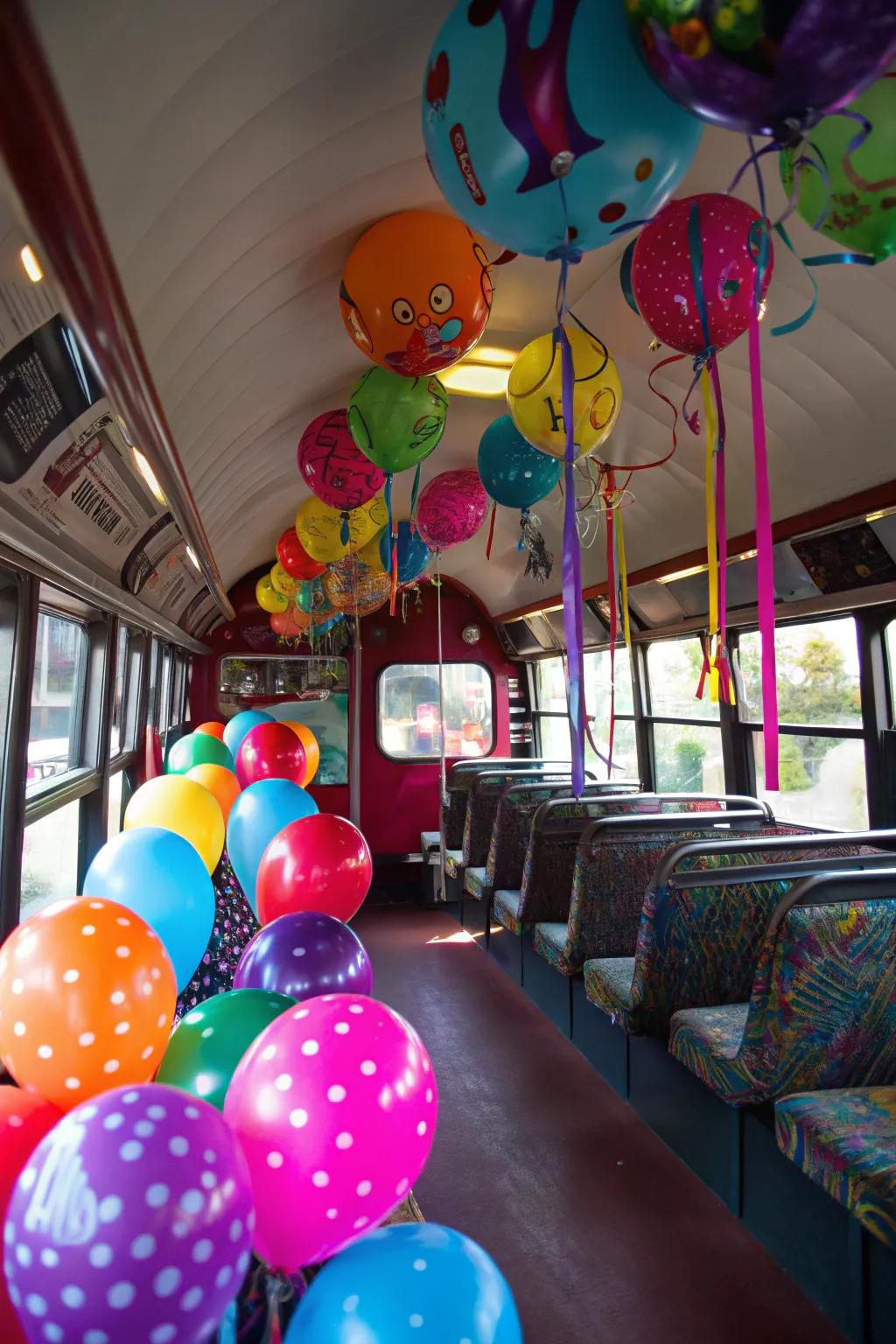 Balloons bring a sense of whimsy and hue to any party bus.