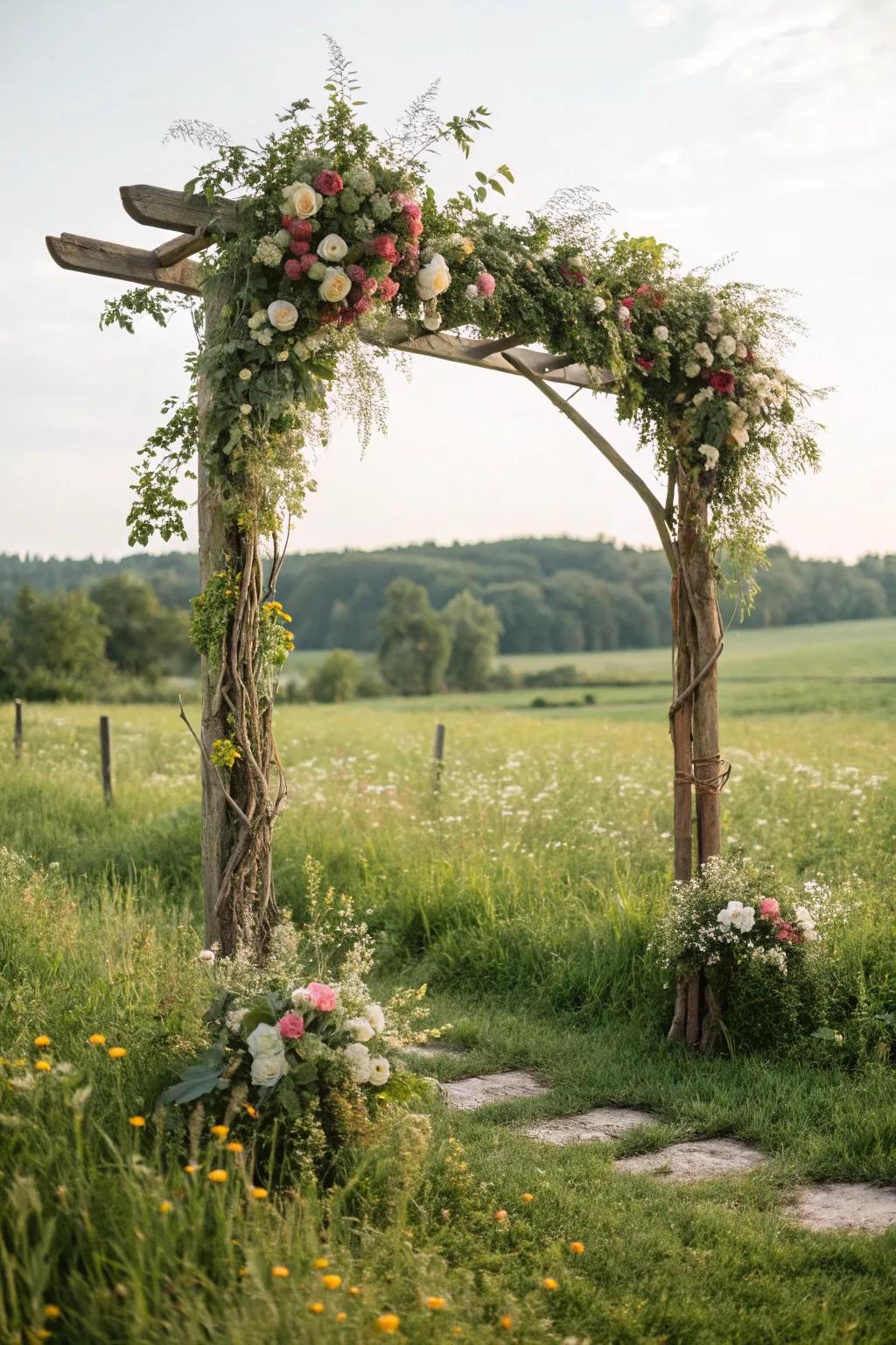 A country-style arbor decorated with greenery and blossoms.