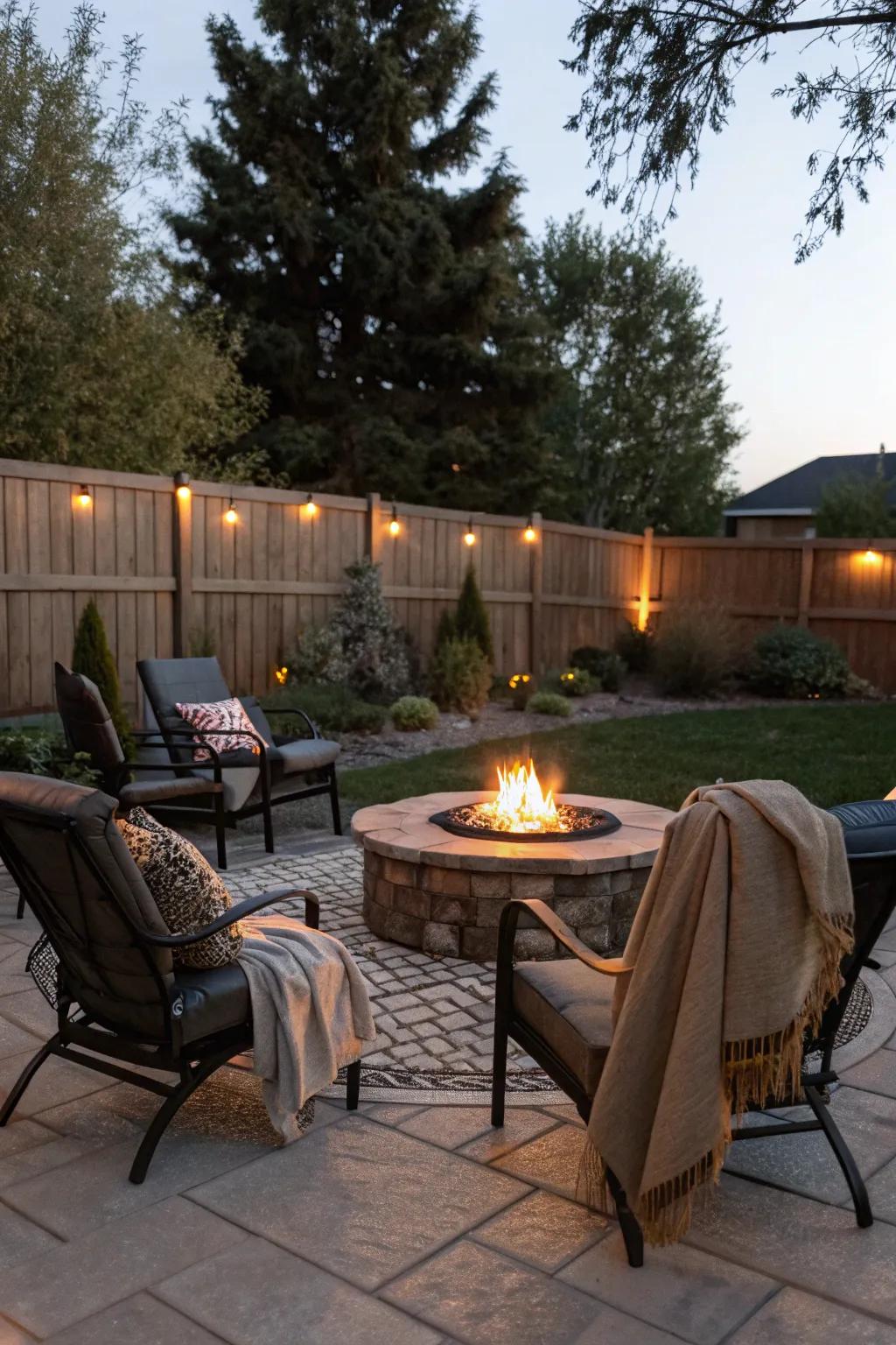 Congregate around a warm hearth center to relish cozy nights on your patio.