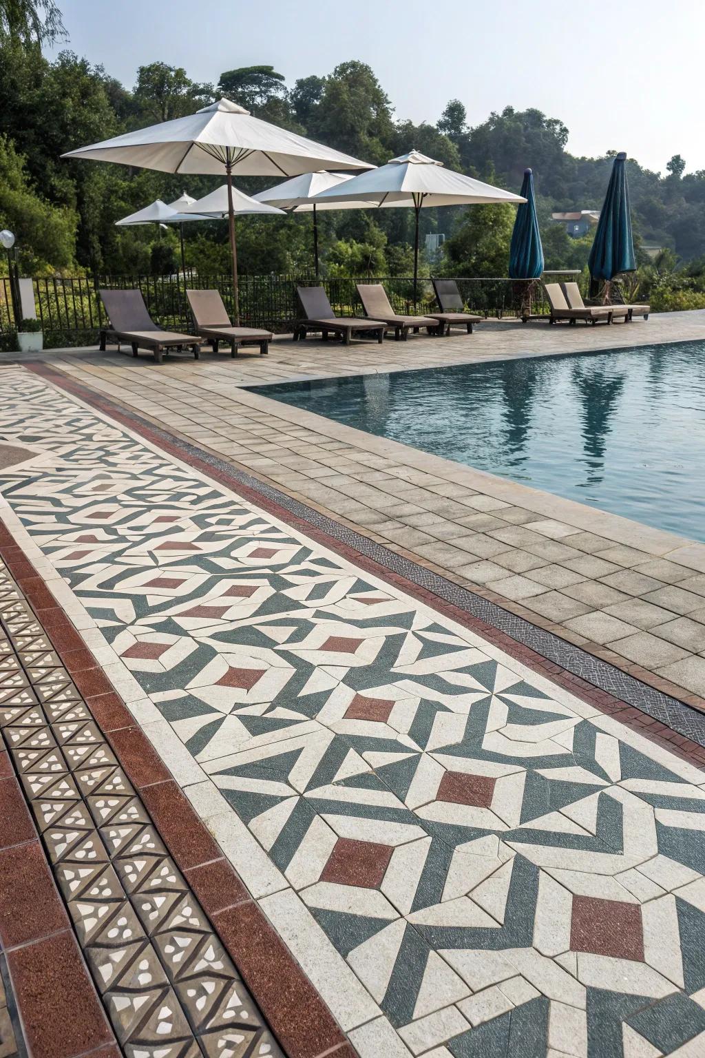 Patterned surface stones provide a modern creative flair to this pool patio.