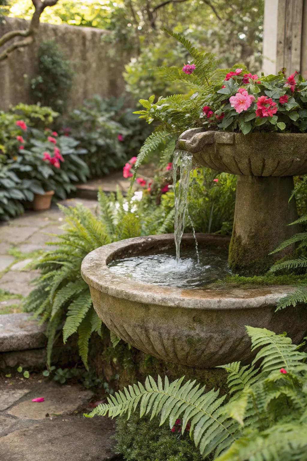 A tranquil fountain offering calming sounds within the garden's embrace.