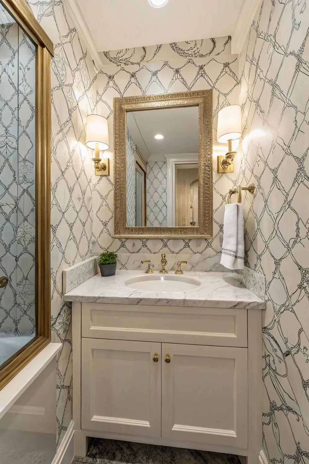 Enhance your bathroom's charm with sophisticated wallpaper artistry.