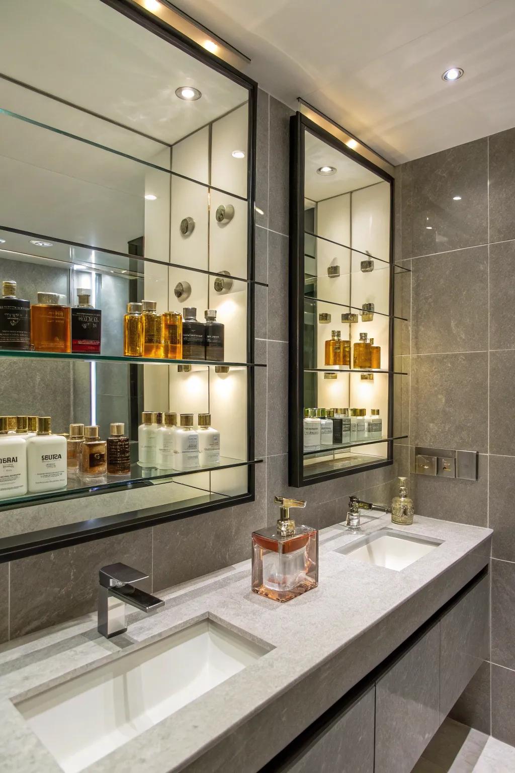 Reflective shelves displaying your perfume collection with a sleek, modern aesthetic.