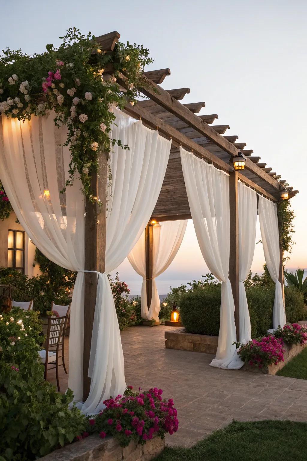 Flowing draperies enhance the sophistication and seclusion of your pergola space.