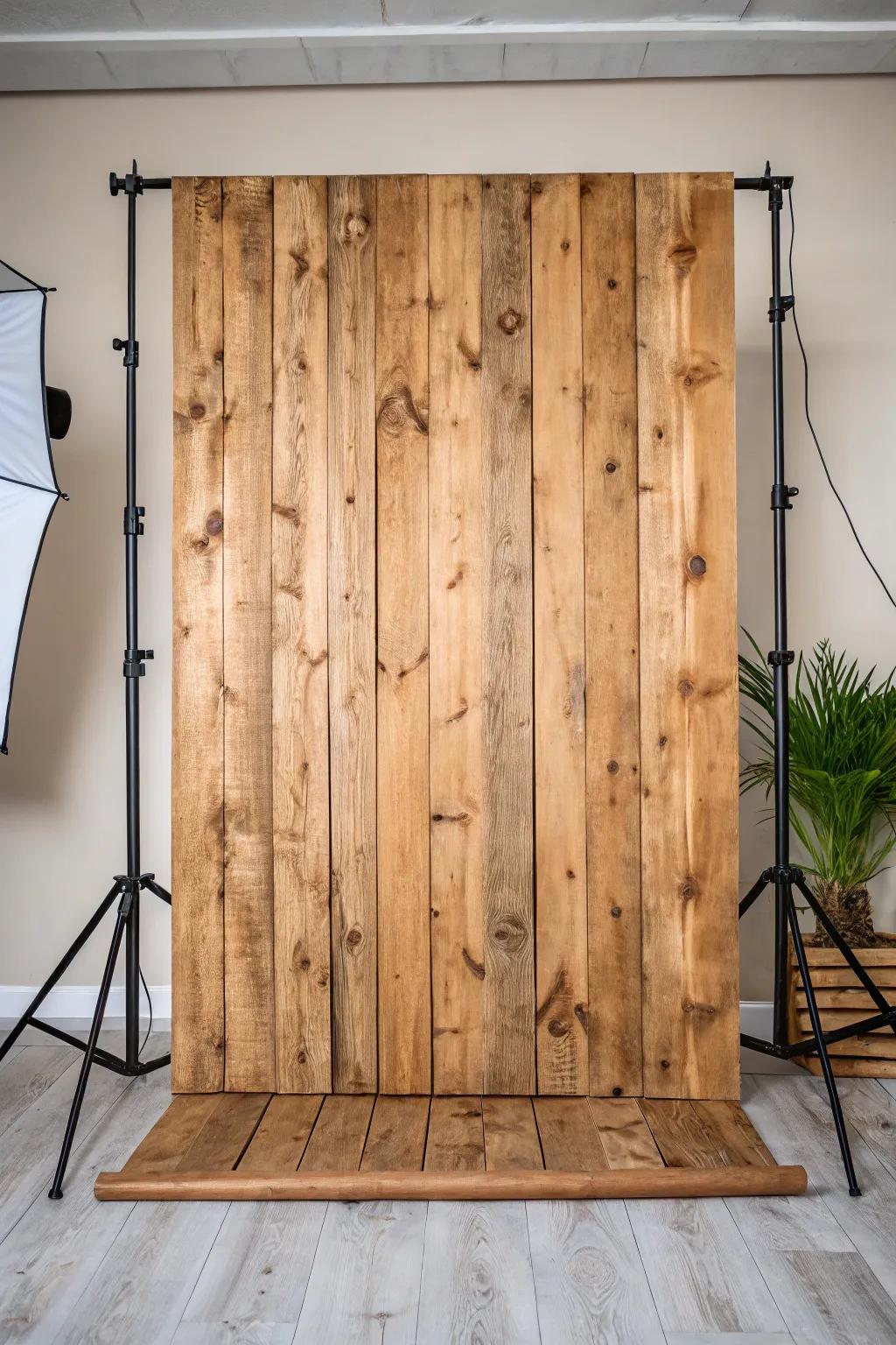 Rustic timber panels for a welcoming, cozy photo ambiance.