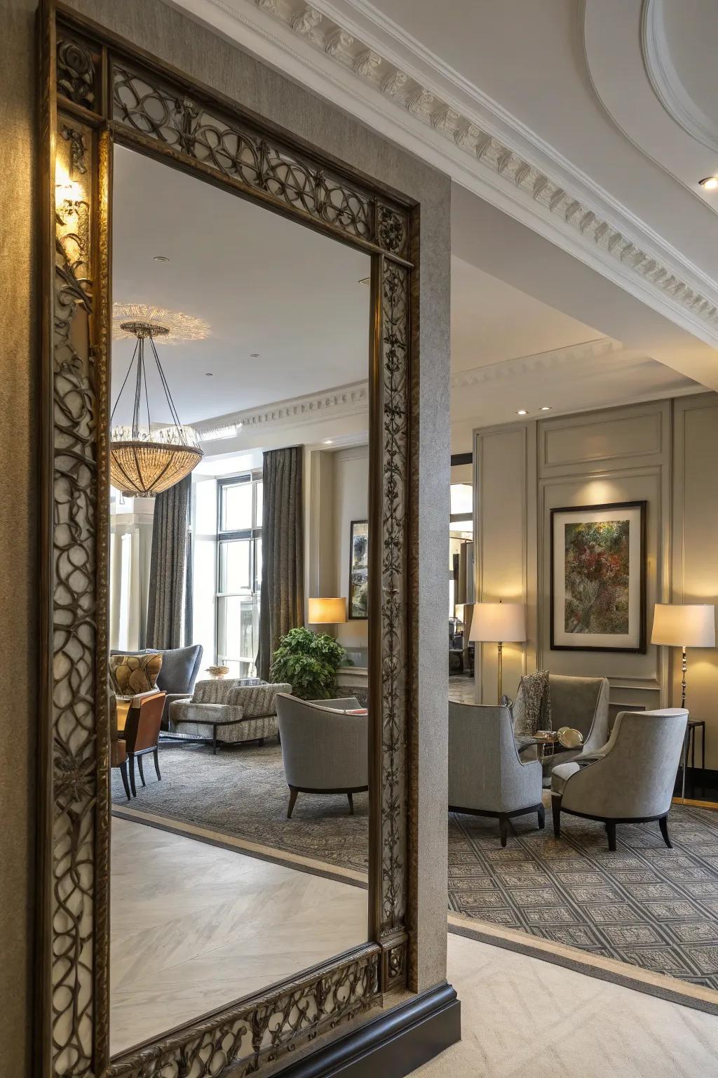 A stylish glass reflecting a chic space filled with sunlight.