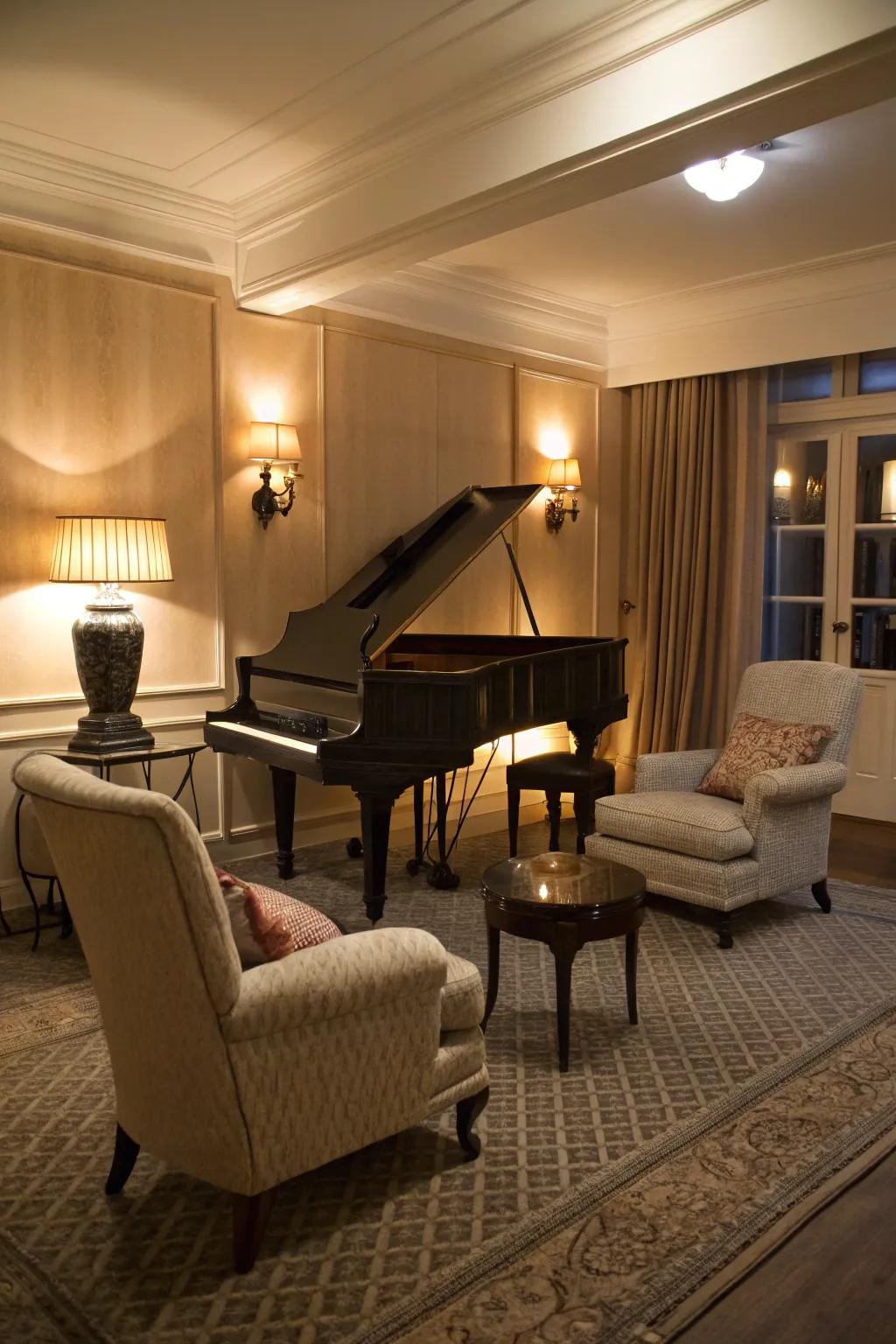 A cozy nook encourages guests to enjoy the music comfortably.