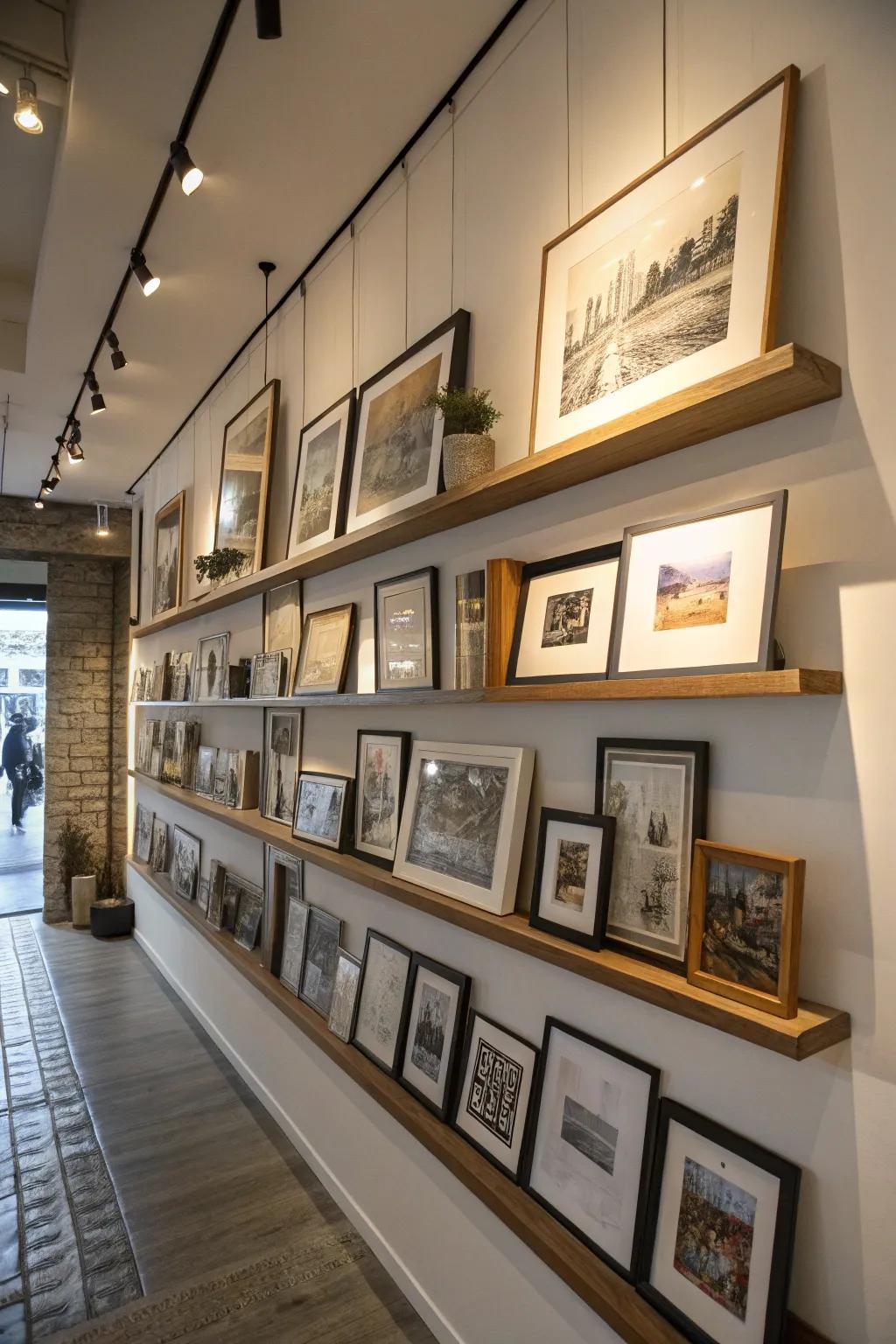 Gallery wall with stacked picture ledges for a layered look.