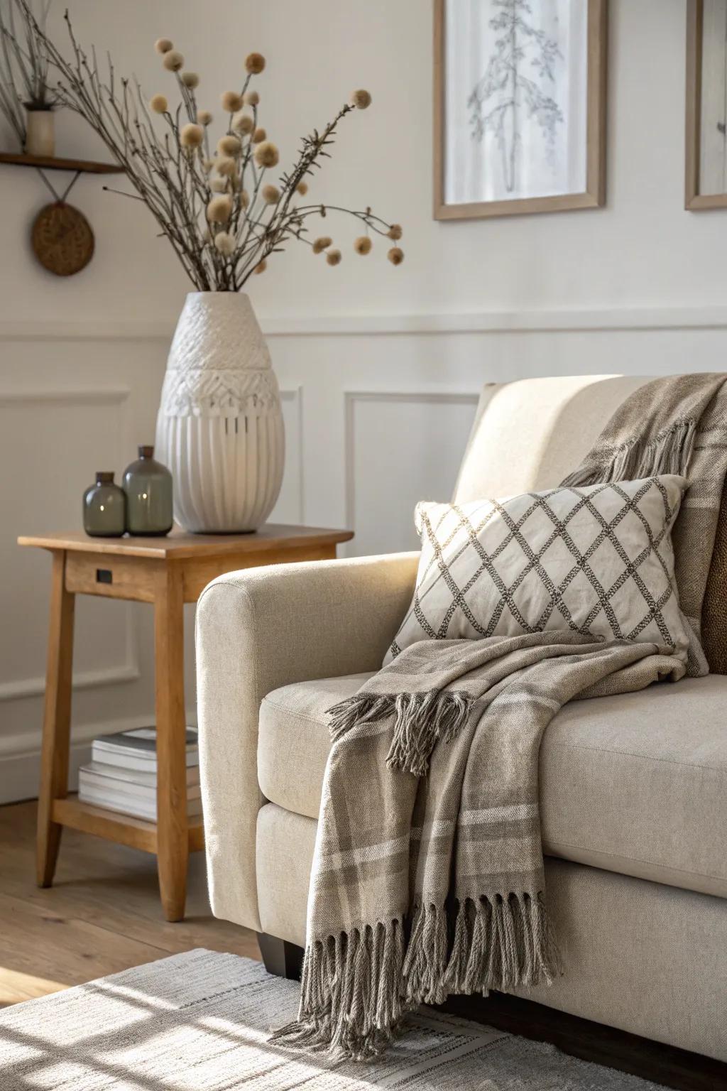 A neatly folded throw over the armrest of a couch, creating a structured look.