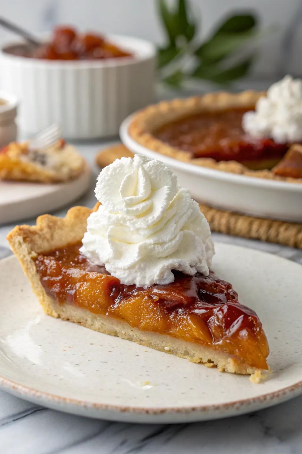 A slice of pie elegantly crowned with ethereal cream.