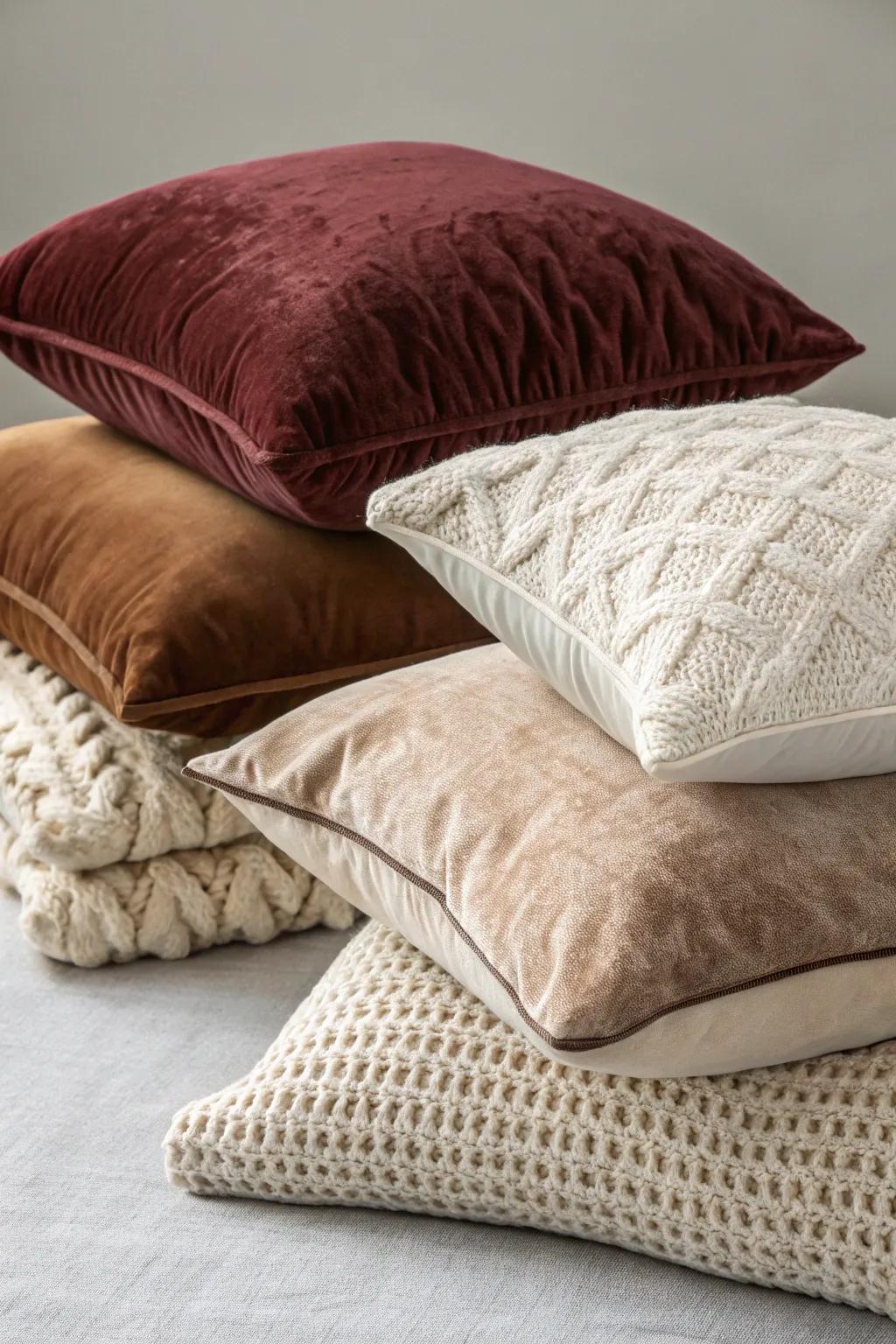 An array of pillows featuring different textures for added depth.