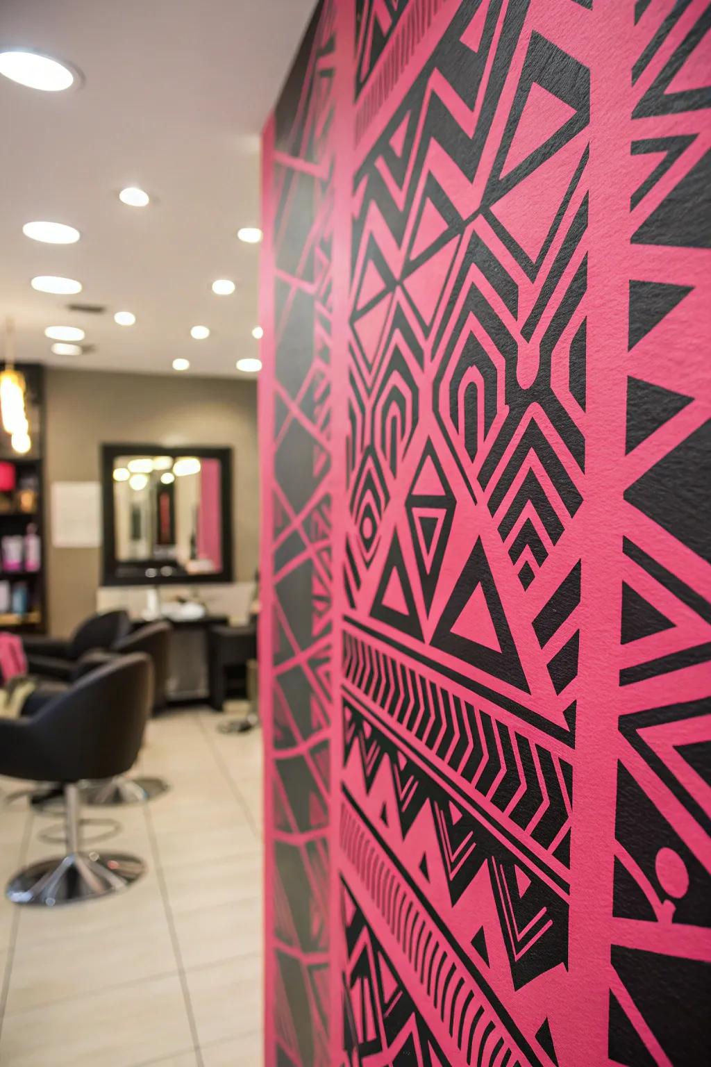Striking rose and onyx designs establish a vibrant salon atmosphere.