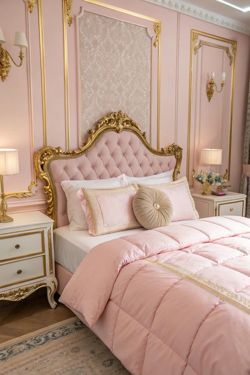 A gold-detailed headboard subtly enhances the room's sophistication.