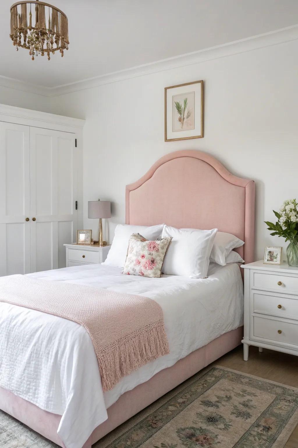 A serene space showcasing a soft gentle pink headboard.