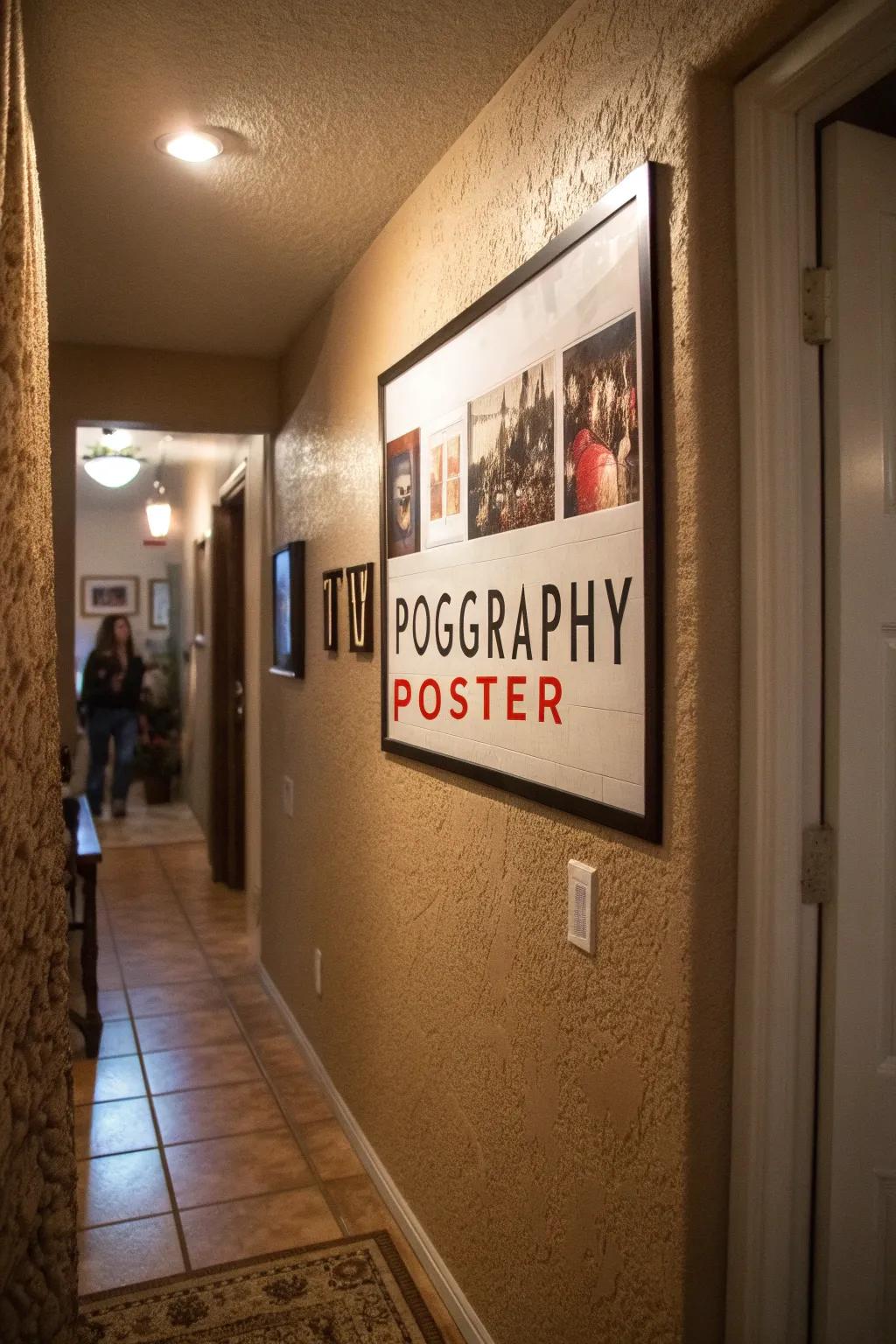 A text-based print utilizing striking fonts, crafting an artistic expression in a snug entrance hall.