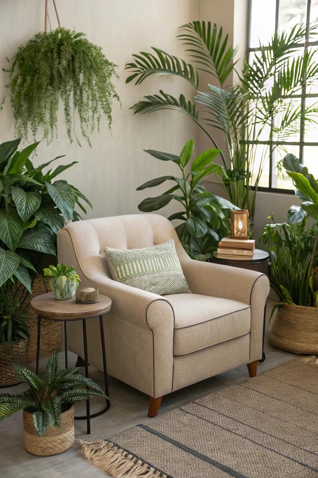 An intimate, plant-rich seating domain conducive to unwinding.