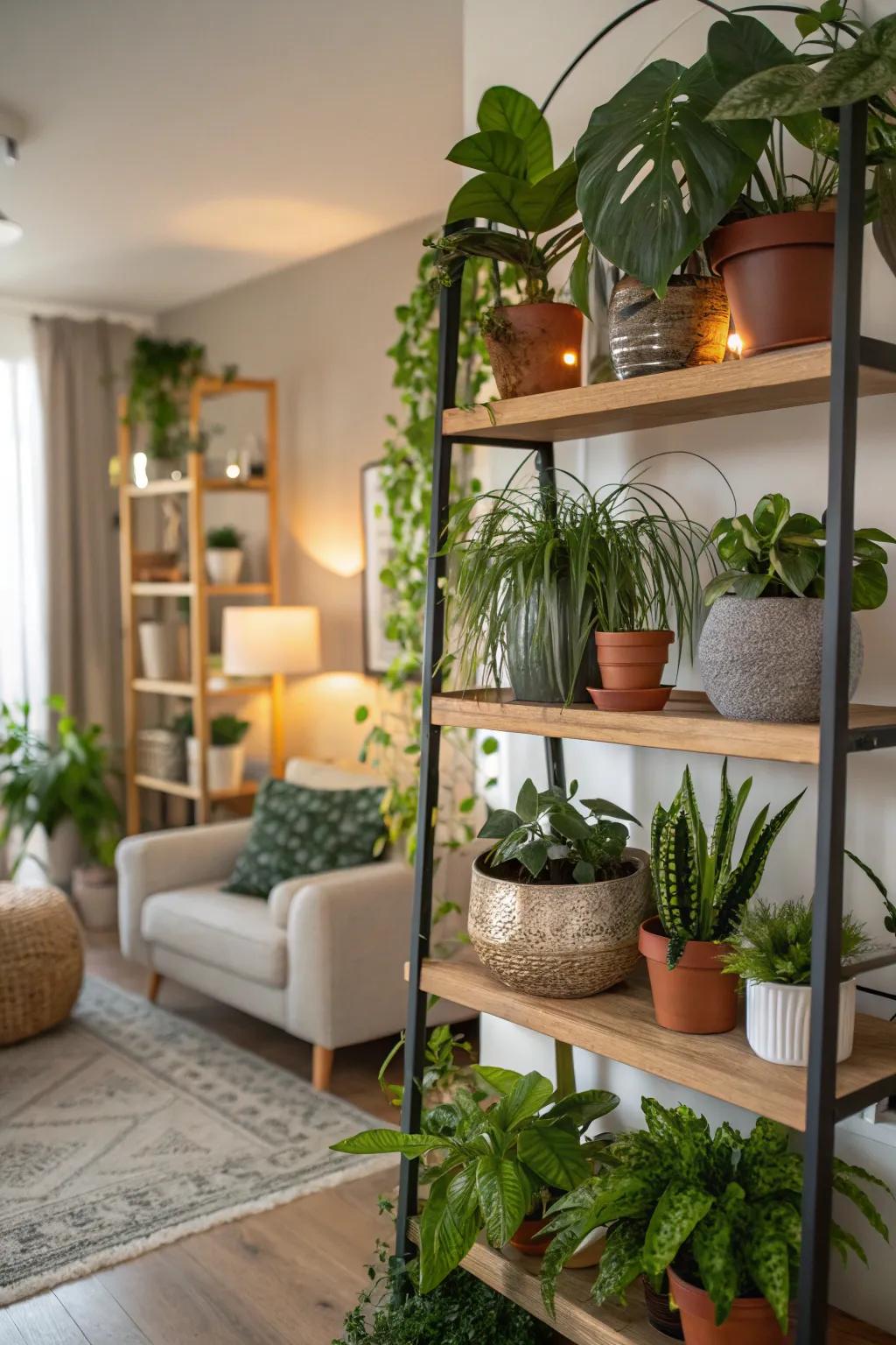 Transform your shelving units into an impressive verdant exhibition.