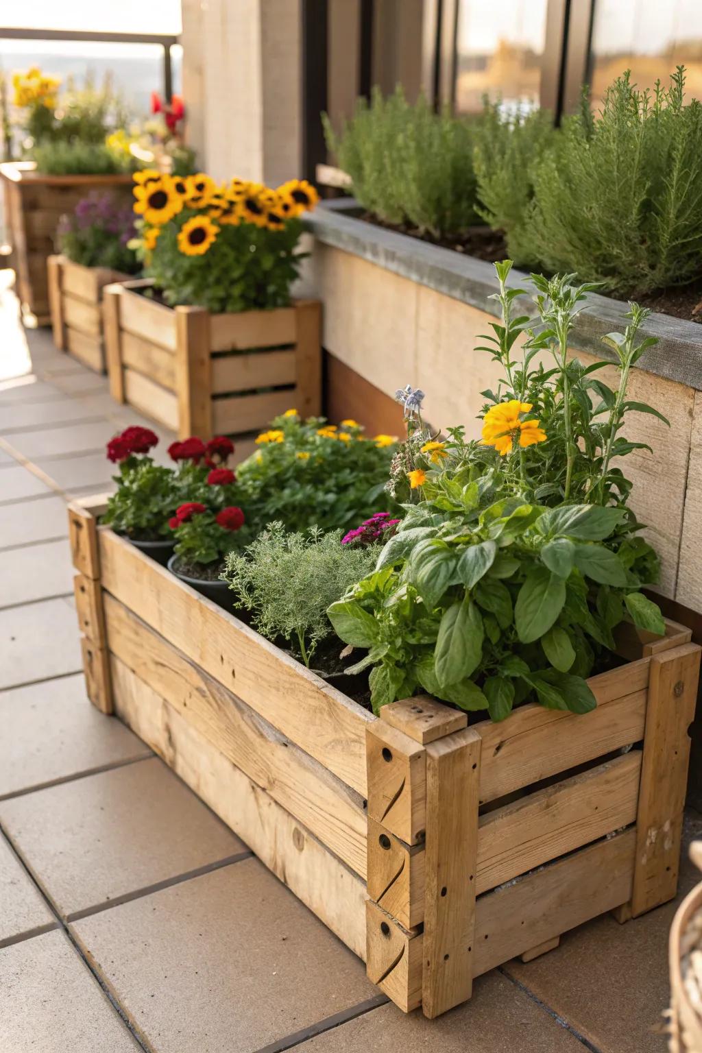 Infuse rustic allure with timber container planters.