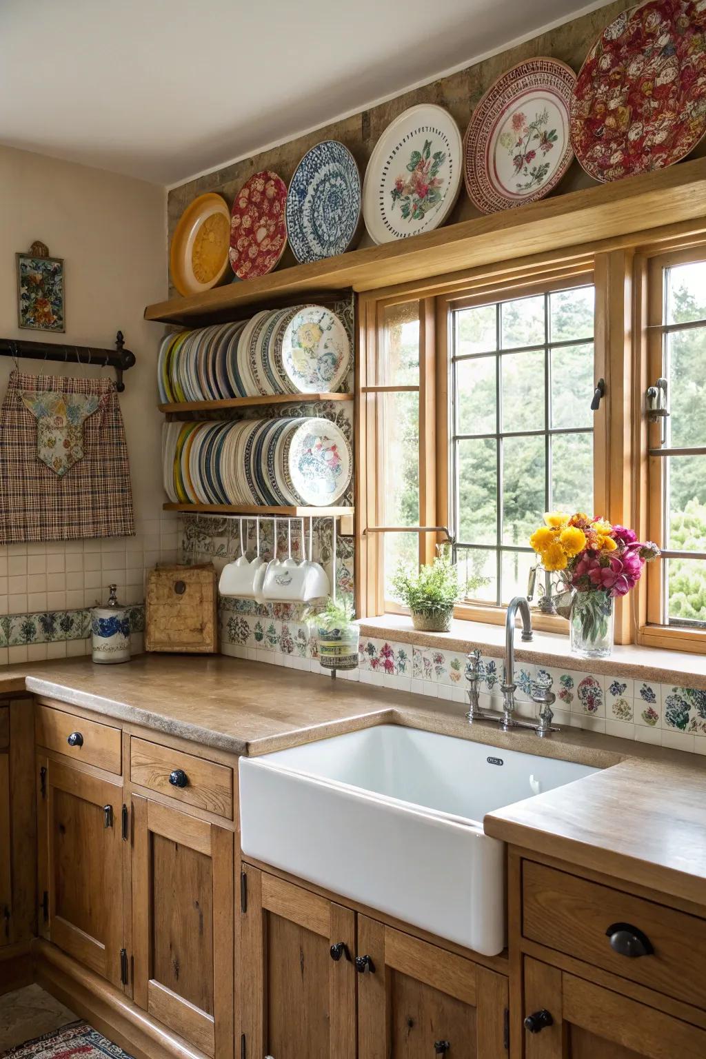 A charming kitchen featuring a practical plate rail showcase