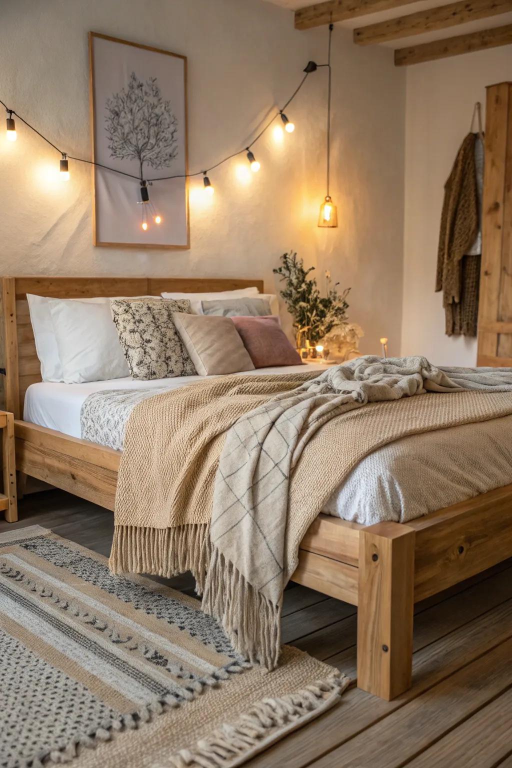 Unprocessed wood hues impart warmth to modern sleeping quarters.