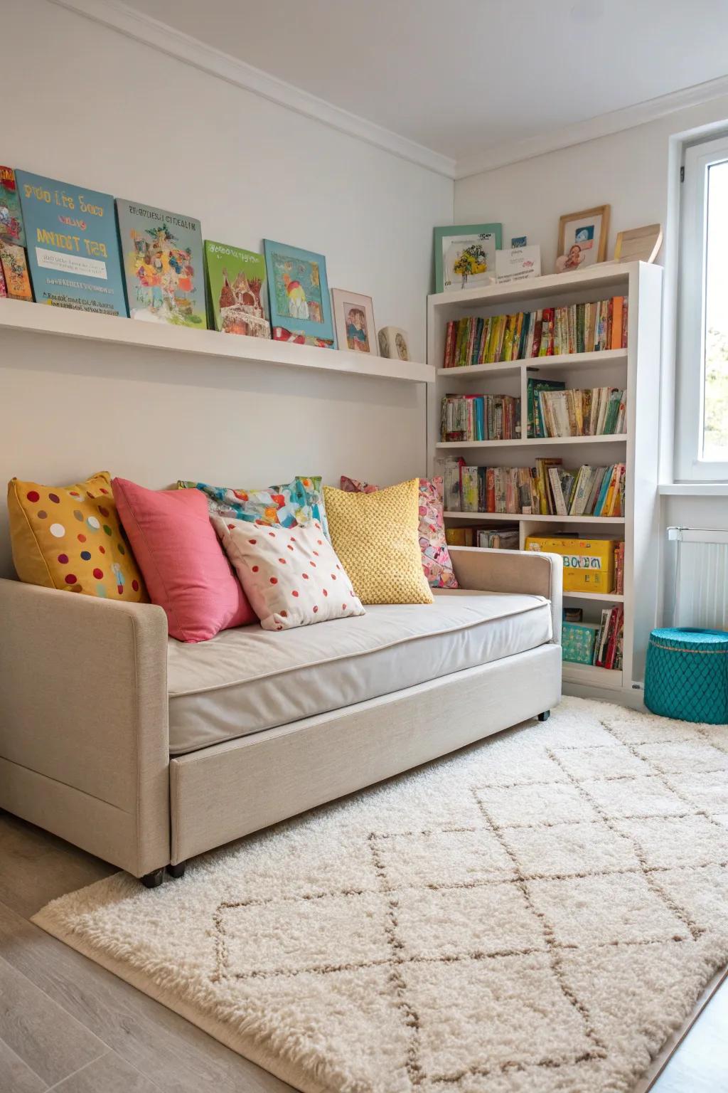 A flexible playroom featuring an adaptable sleeper seating for rest periods.