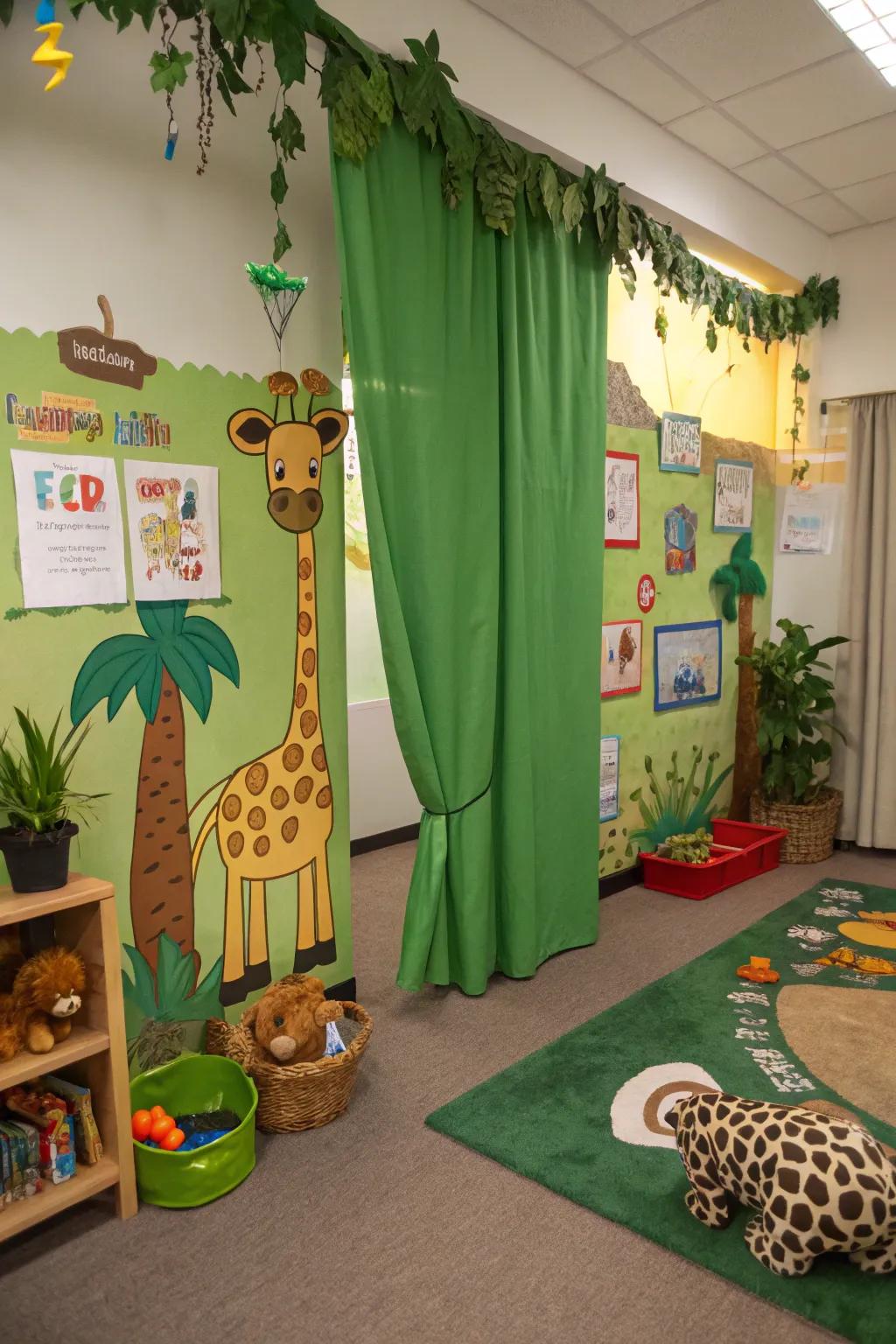 Thematically coordinated curtains complete the jungle aesthetic.