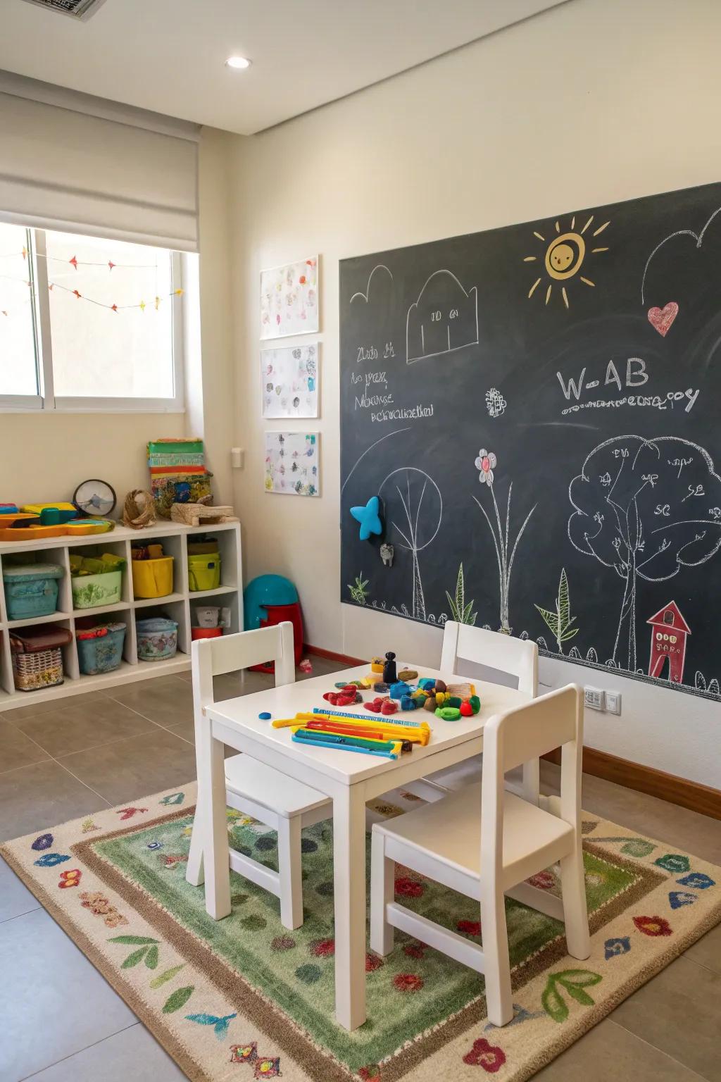 A chalkboard wall adds an interactive and creative element to any playroom.