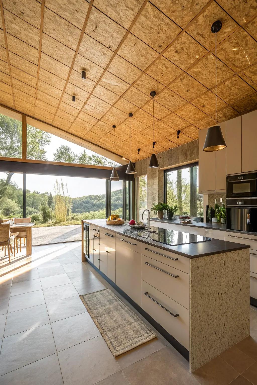 An open kitchen where the plywood ceiling enriches the space's allure and unity.