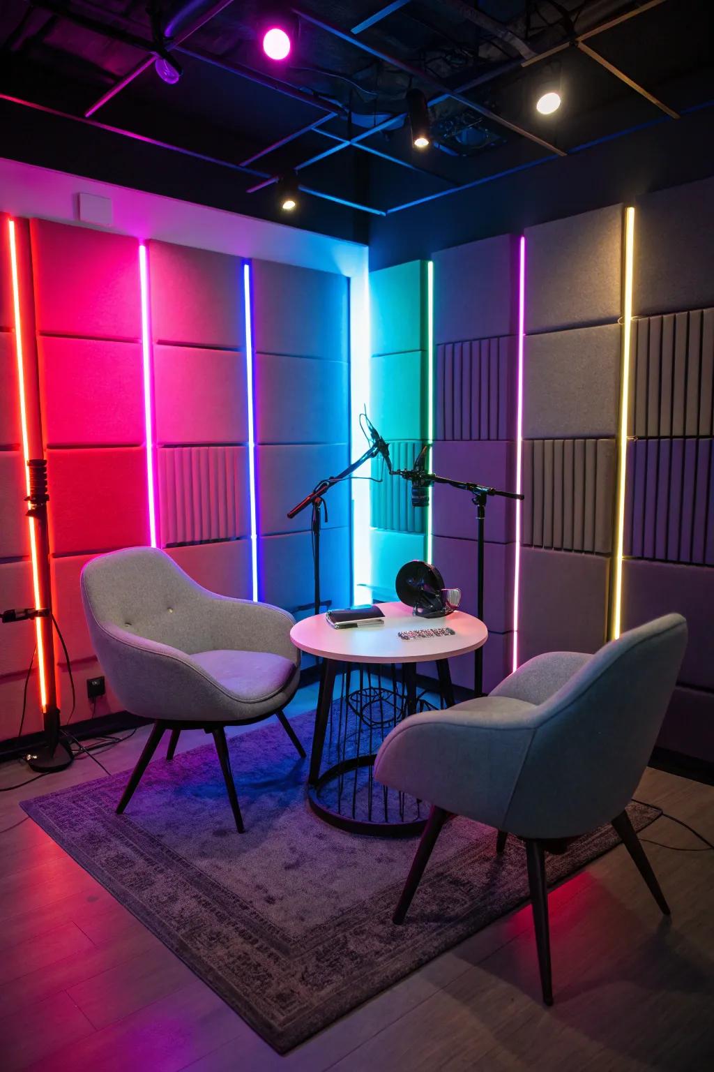 An engaging podcast arrangement enhanced by colorful lighting.