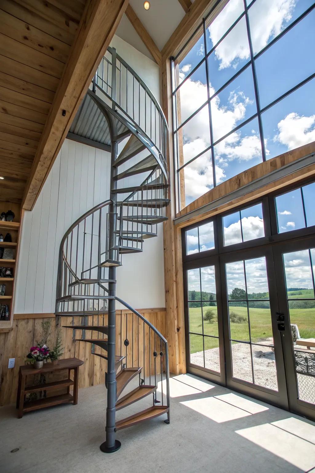 An elegant spiral staircase that acts as both a useful and ornamental element.