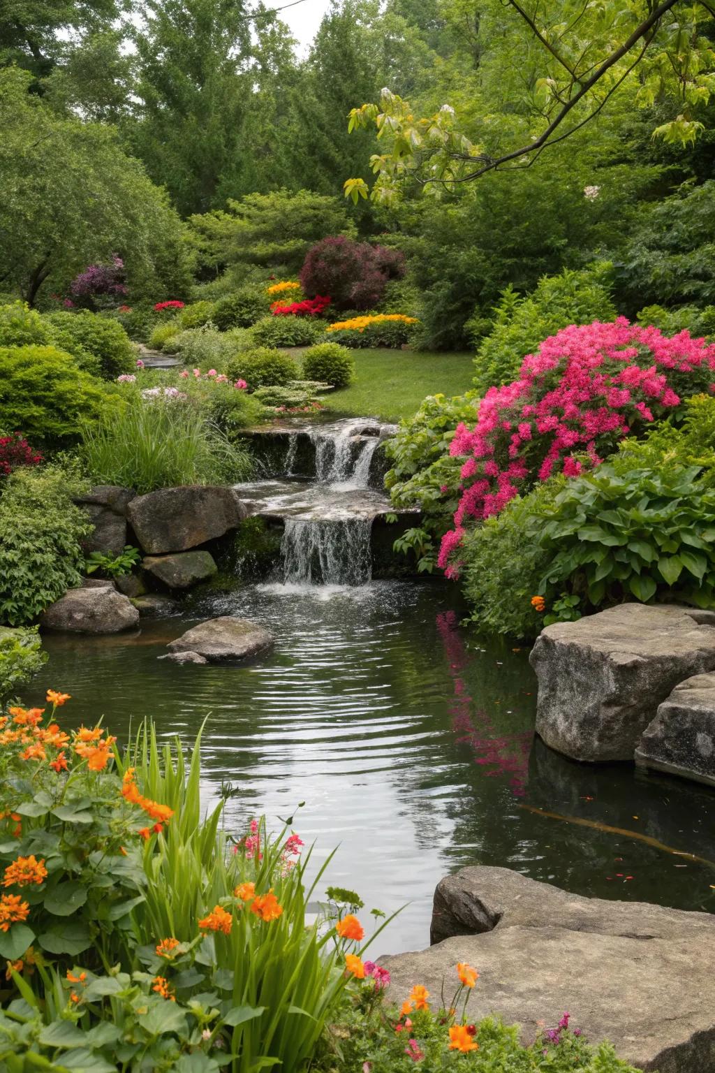 A pond exhibiting a cascading waterfall, crafting calming sounds and visual enchantment.