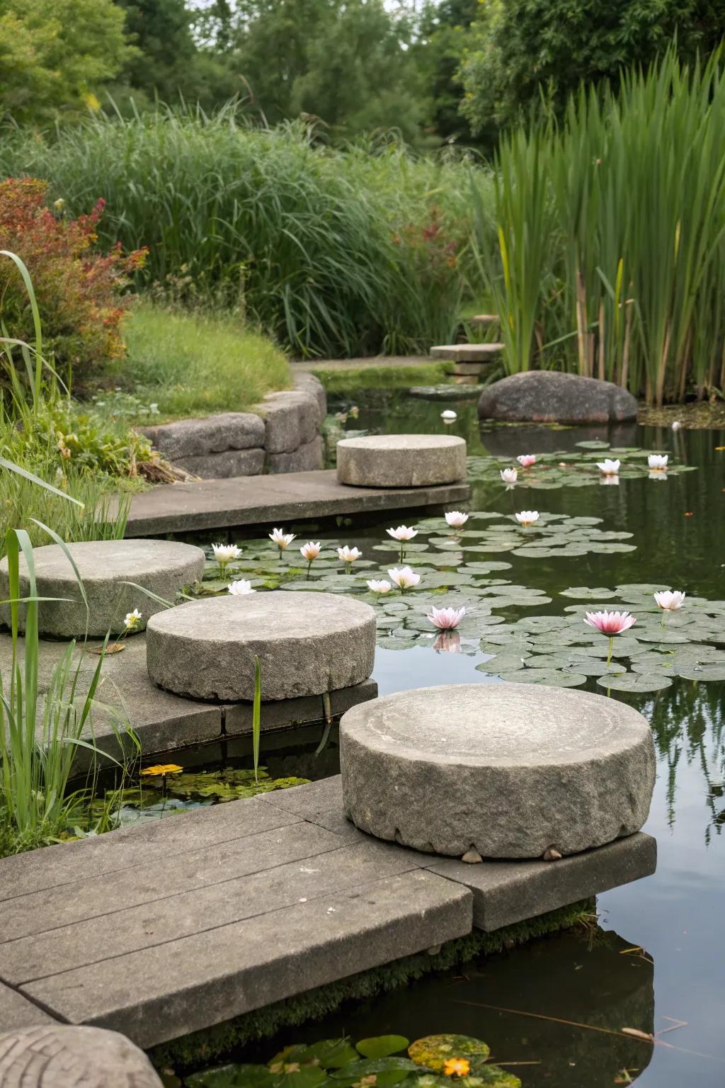 Stone seating naturally integrates with the pond's surroundings.