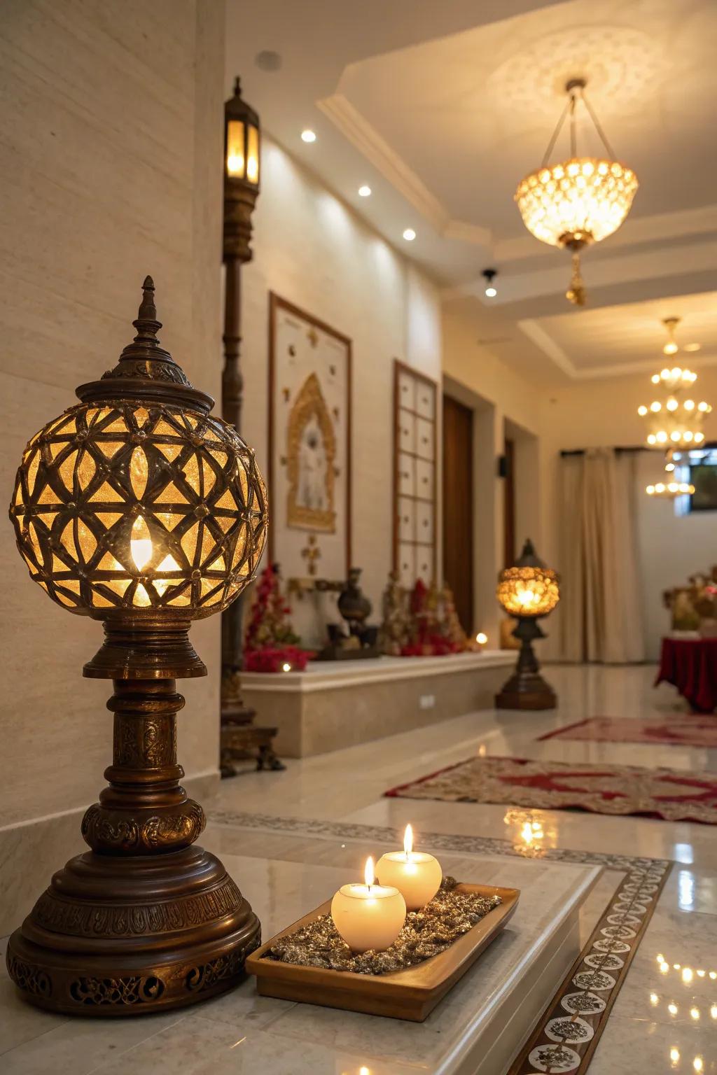 Soft lighting cultivates a serene and inviting environment in this pooja room.