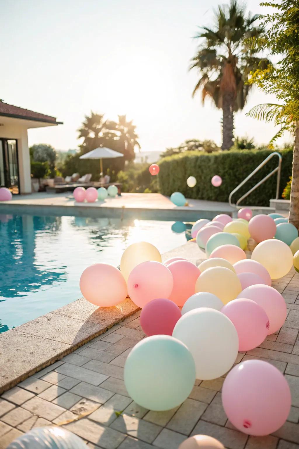 Pastel-toned balloons contributing to a festive ambiance by the poolside.