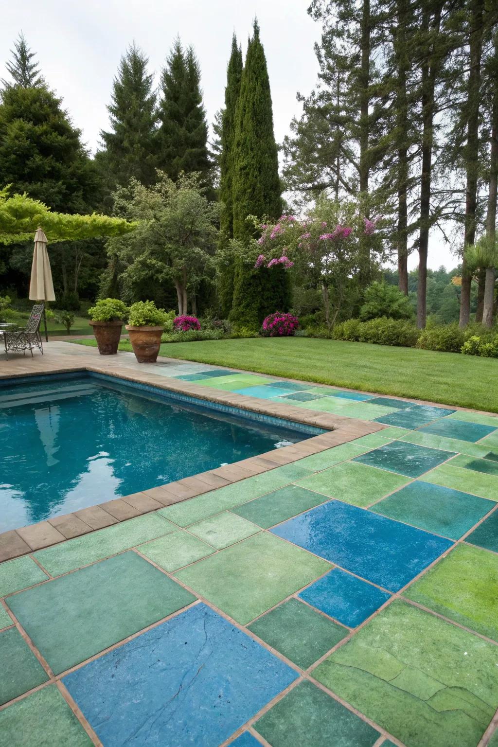 Tinted concrete provides a vibrant flair to the poolside setting.