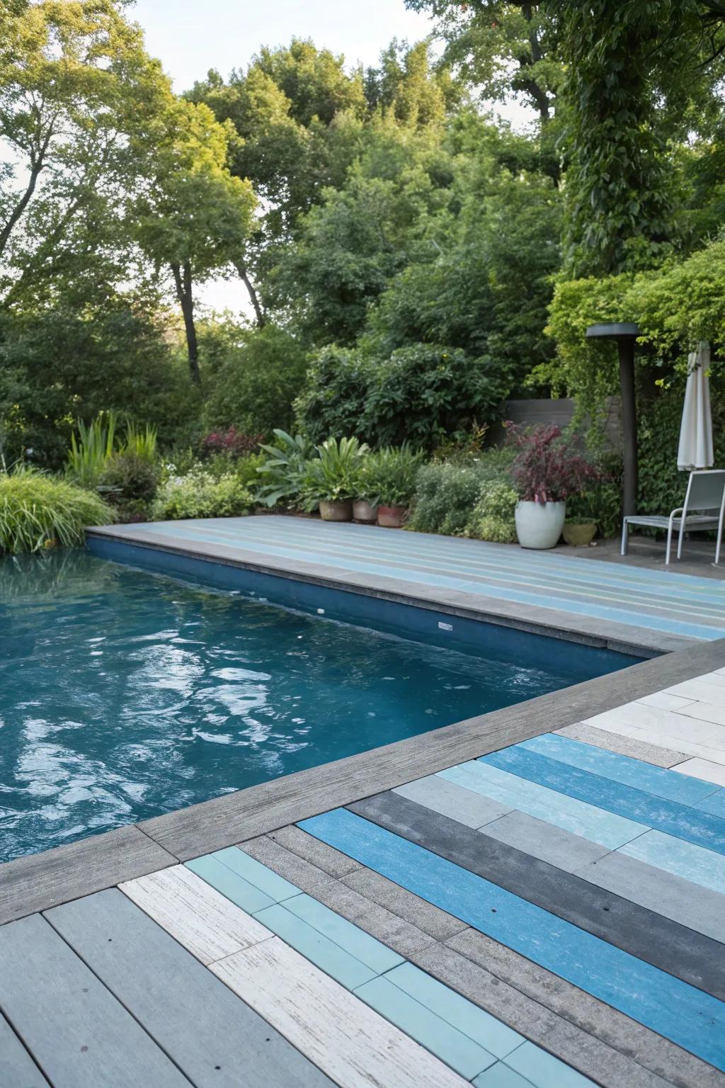 Cool blues and grays for a tranquil poolside retreat.