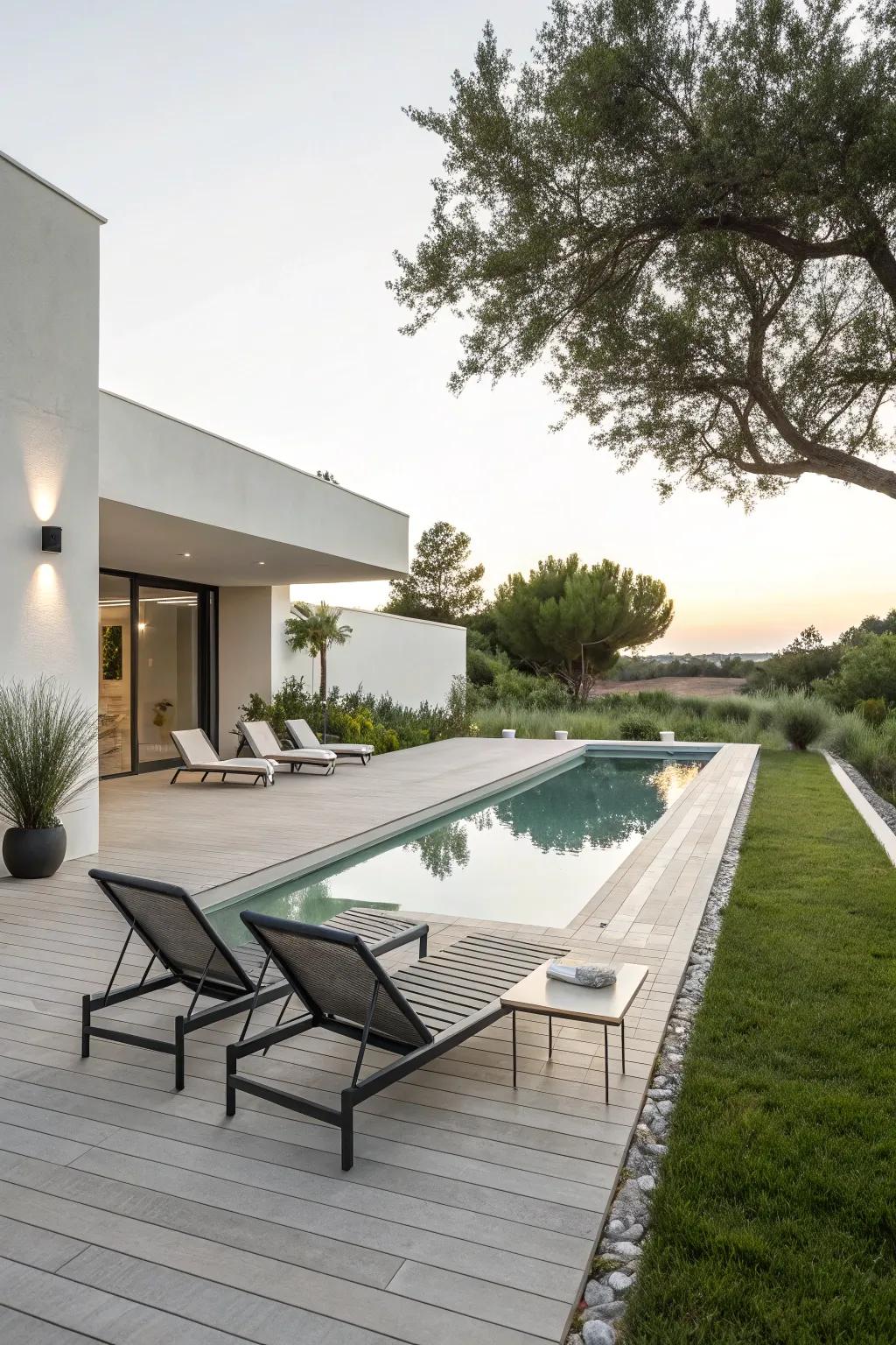 Realize a sleek appearance through contemporary, simplified pool decking.