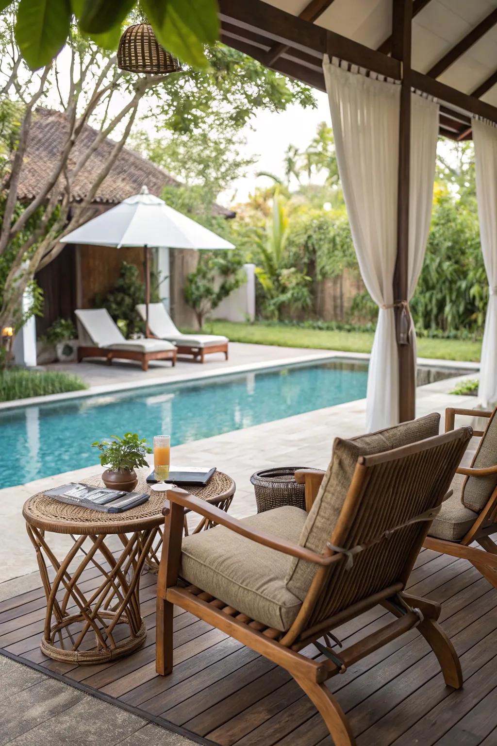 Relax in elegance with a pleasant outdoor seating zone near the pool.