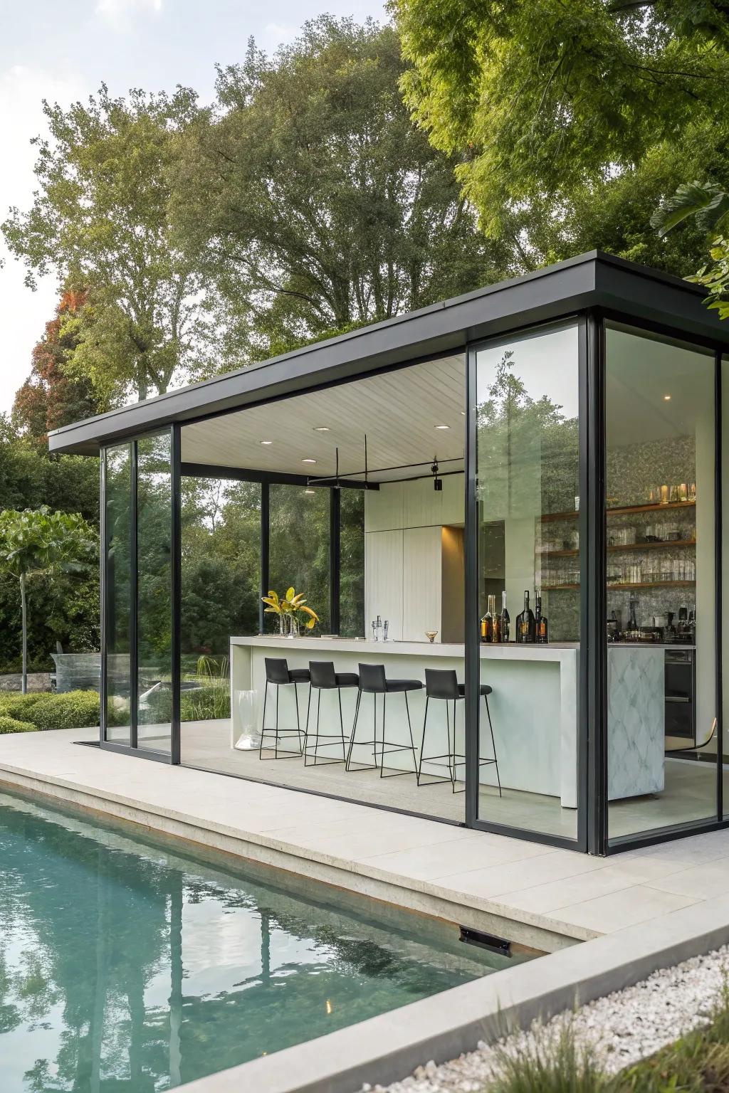 A contemporary glass structure pool house delivers a striking impression.