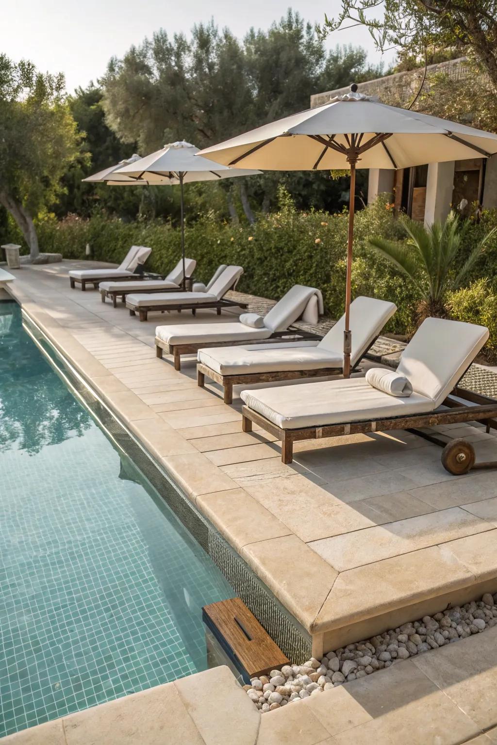 A swimming pool showcasing a sunbathing platform fitted with sun loungers.
