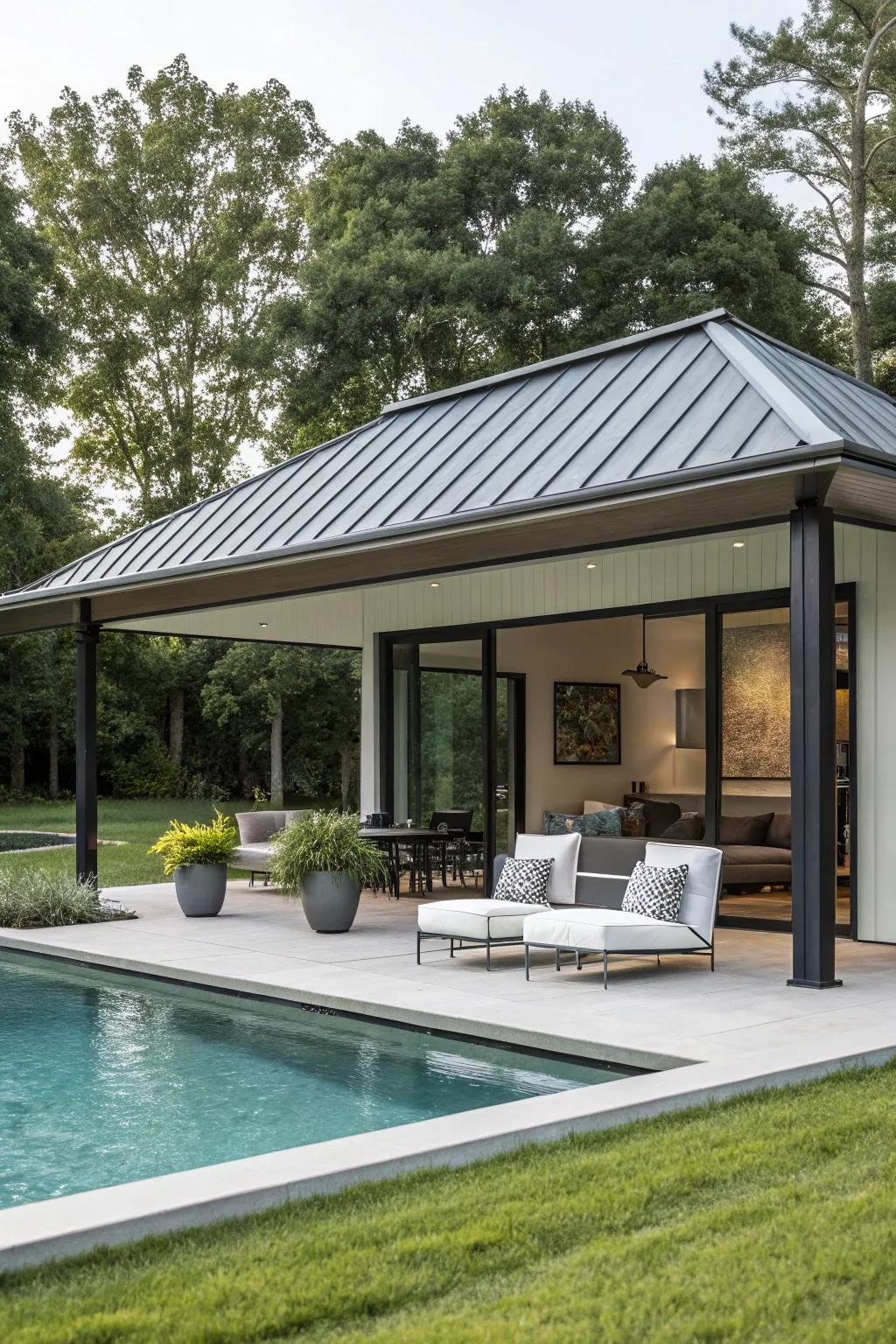Modern shelters with metallic roofing impart a contemporary feel to any poolside setting.